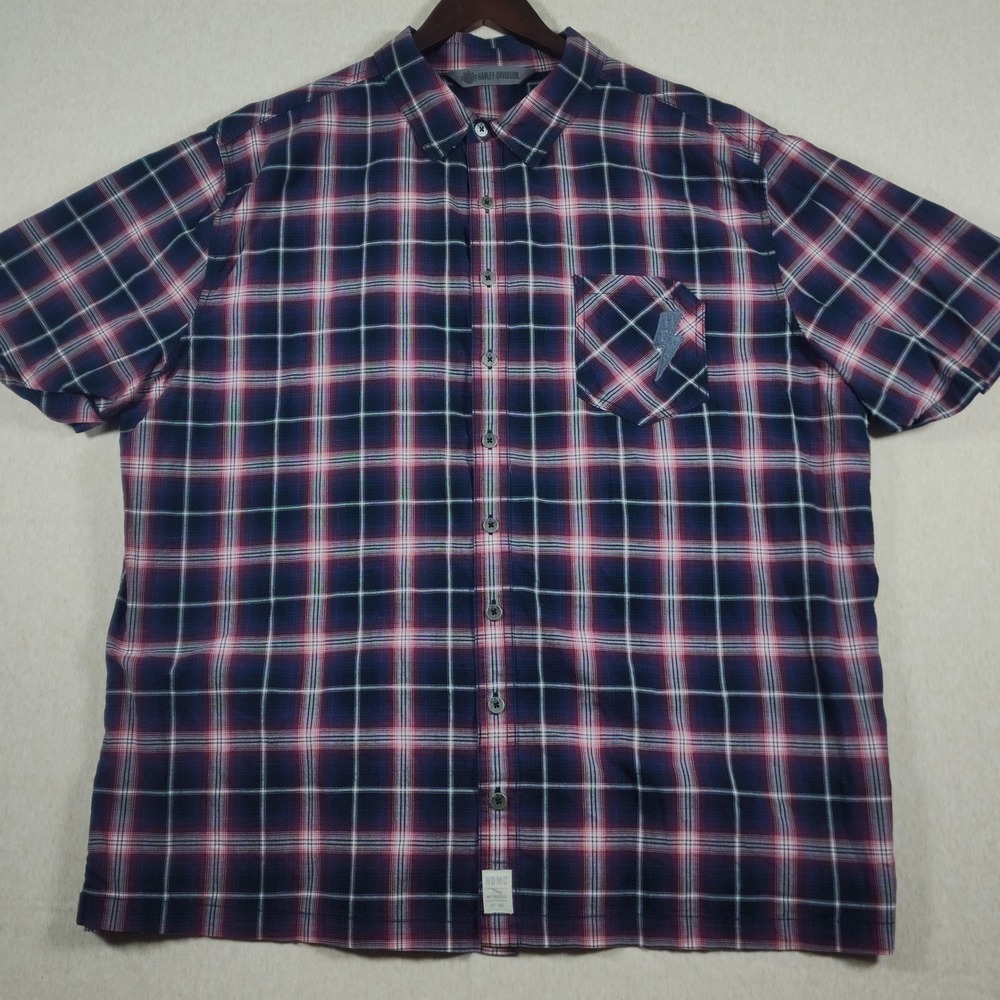 Harley Davidson Plaid Short Sleeve Button Shirt Mens 2XL Blue Red HDMC Pocket